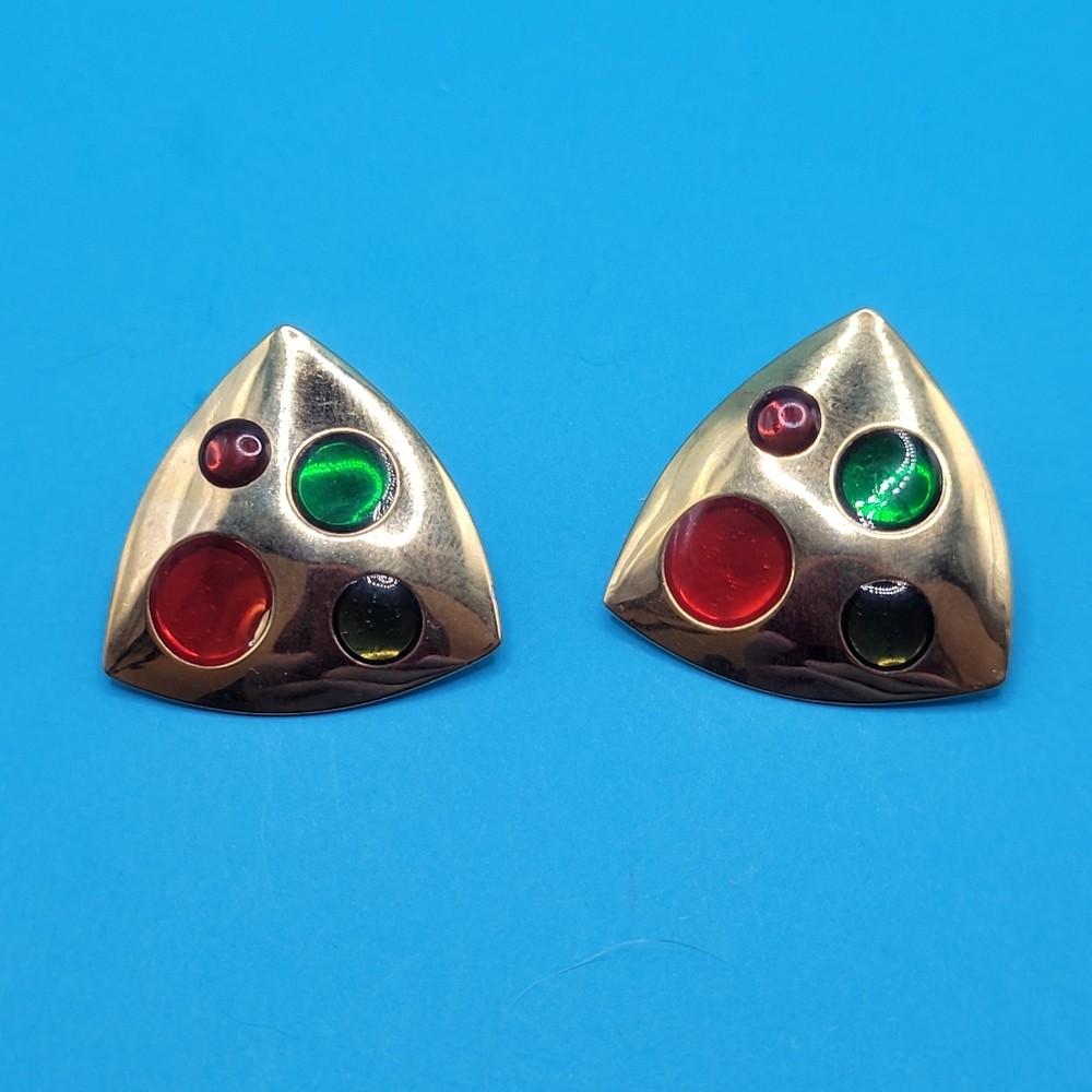 Gold and Red 1980s Pierced Earrings